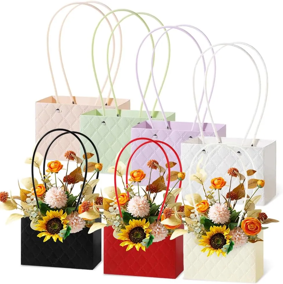 EUBUY Set of 7 Floral Bags, Gift Bags with Long Handles, Flower Wrapping Paper Bag Floral Boxes with Handle for Floral Arrangements and Presents Handbag