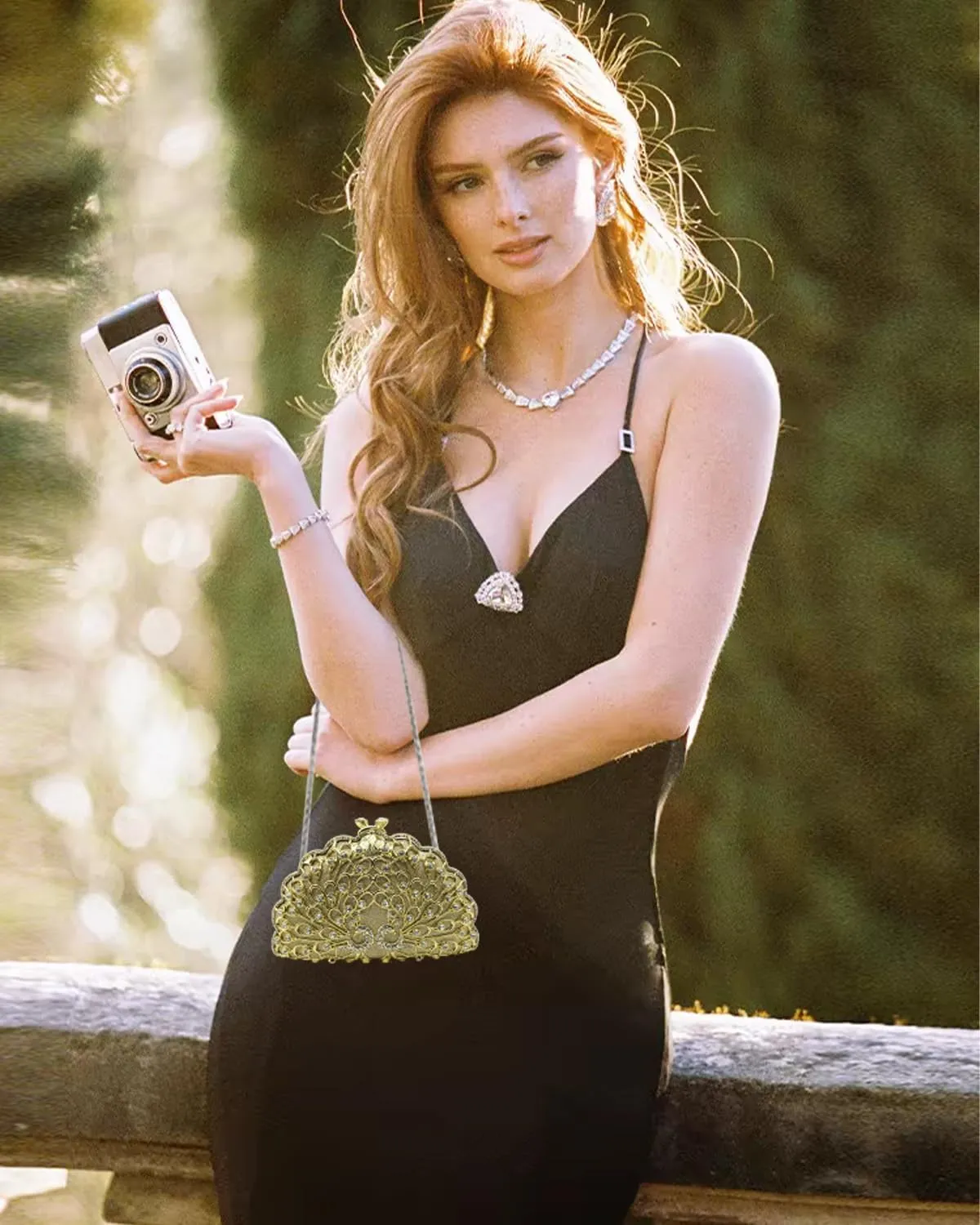 Evening Clutch Purse for Women Formal, Metallic Evening Handbags Metal Chain Shoulder Bag, Rhinestone Purse