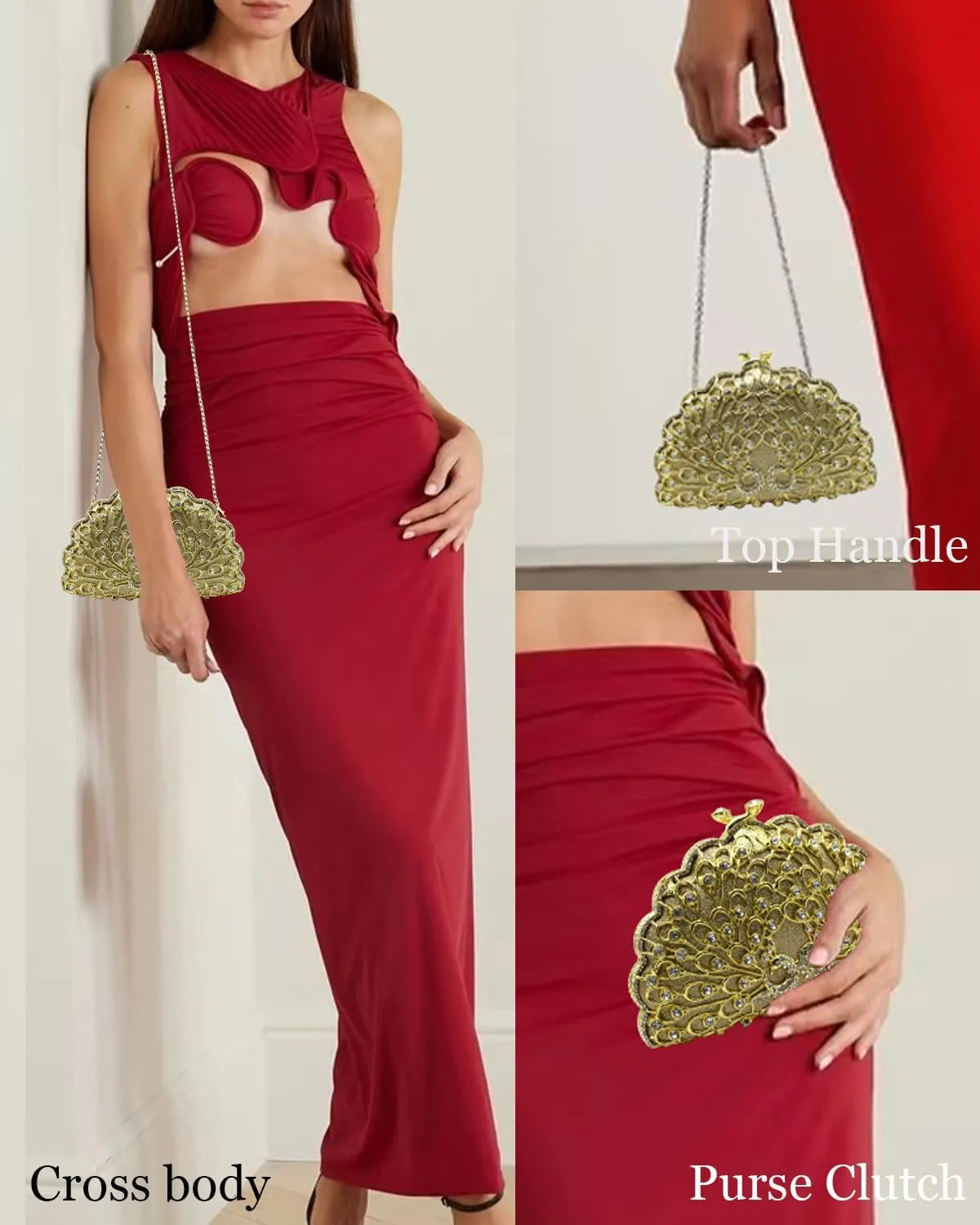 Evening Clutch Purse for Women Formal, Metallic Evening Handbags Metal Chain Shoulder Bag, Rhinestone Purse