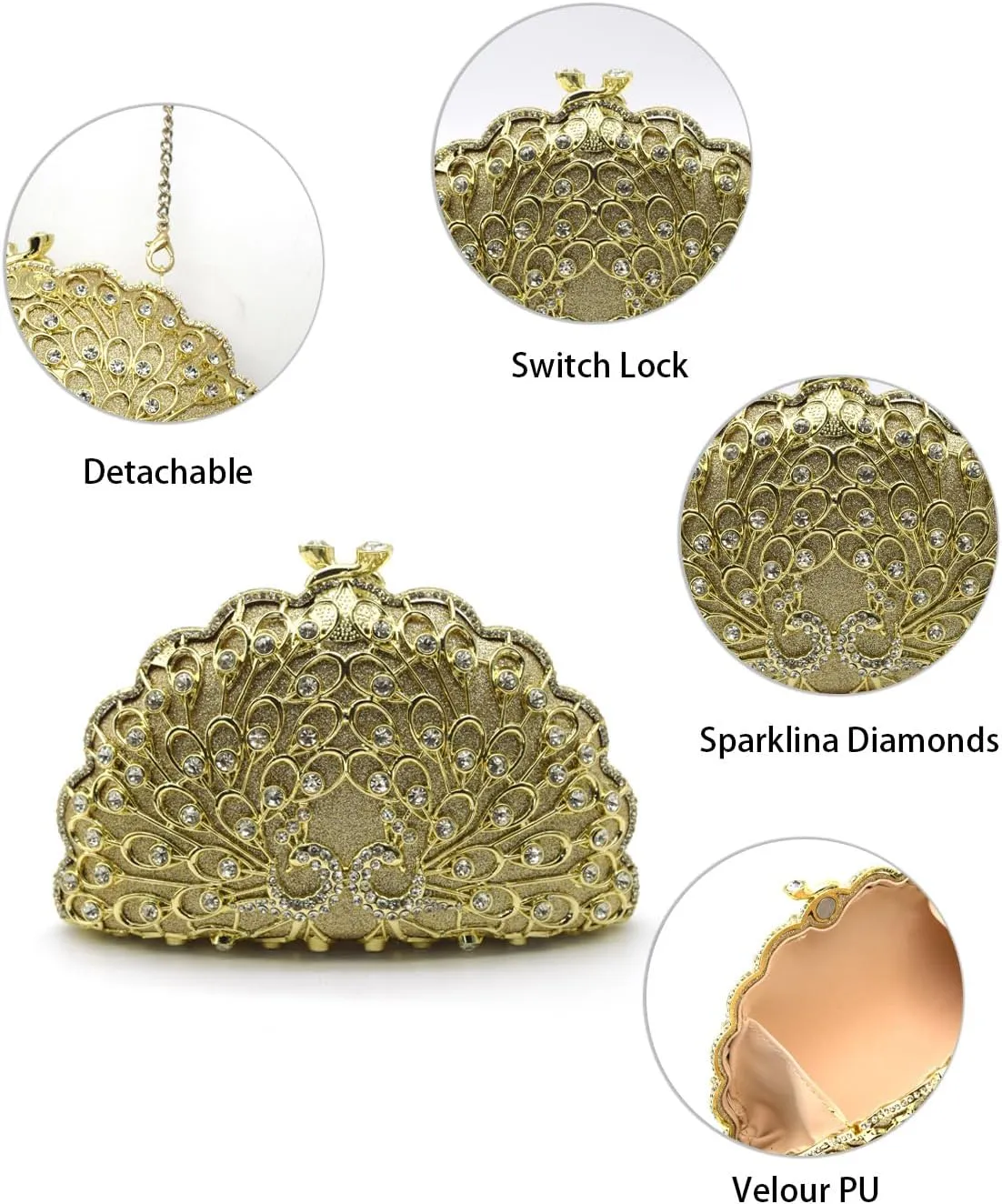 Evening Clutch Purse for Women Formal, Metallic Evening Handbags Metal Chain Shoulder Bag, Rhinestone Purse