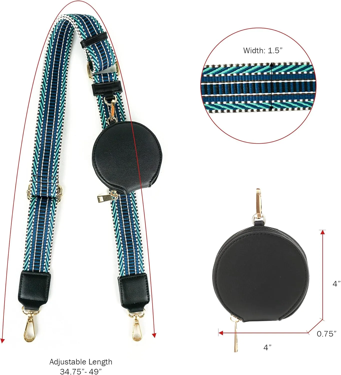 EVVE Wide Replacement Straps for Handbags with Coin Purse - For Over Shoulder Crossbody Bag, Guitar Style, Adjustable Length