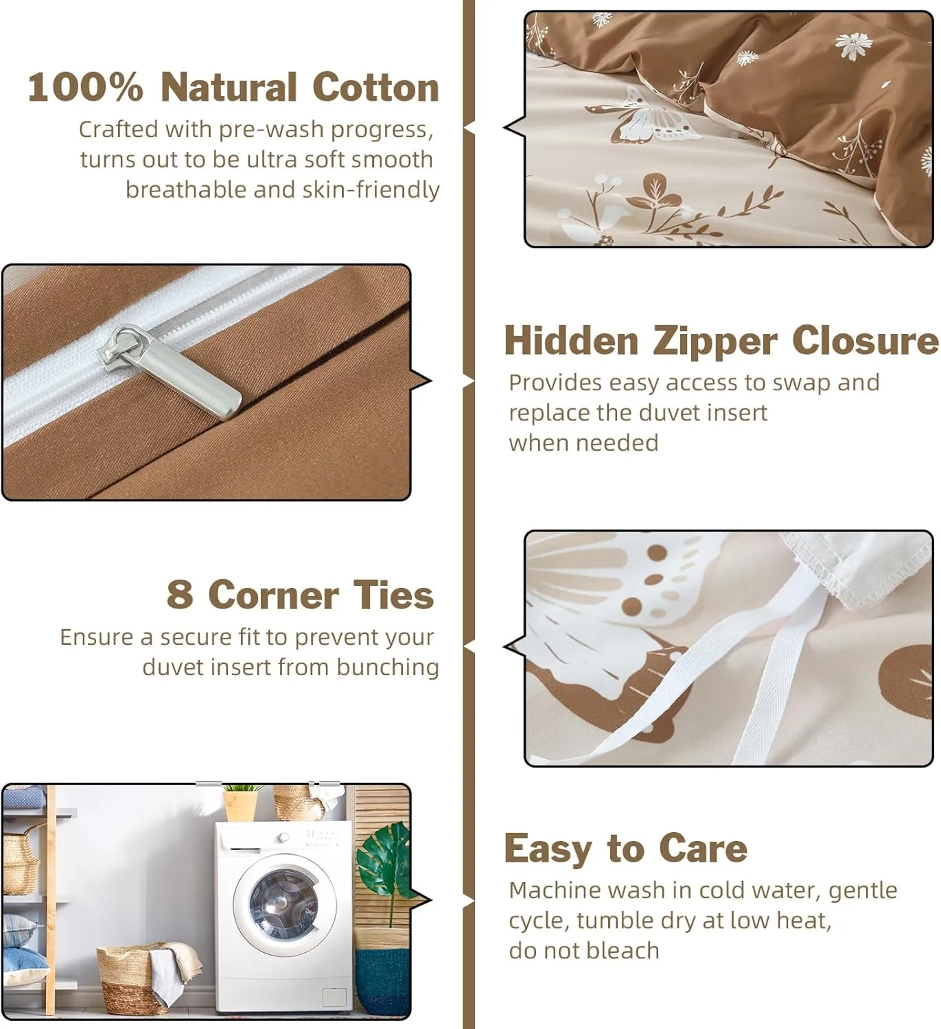 EWlinens Floral Duvet Cover King Size - Botanical Butterfly Printed Reversible Bedding Set 3 Pieces Soft Cotton Nature Vines Branches Comforter Cover with Zipper Ties, Beige and Brown