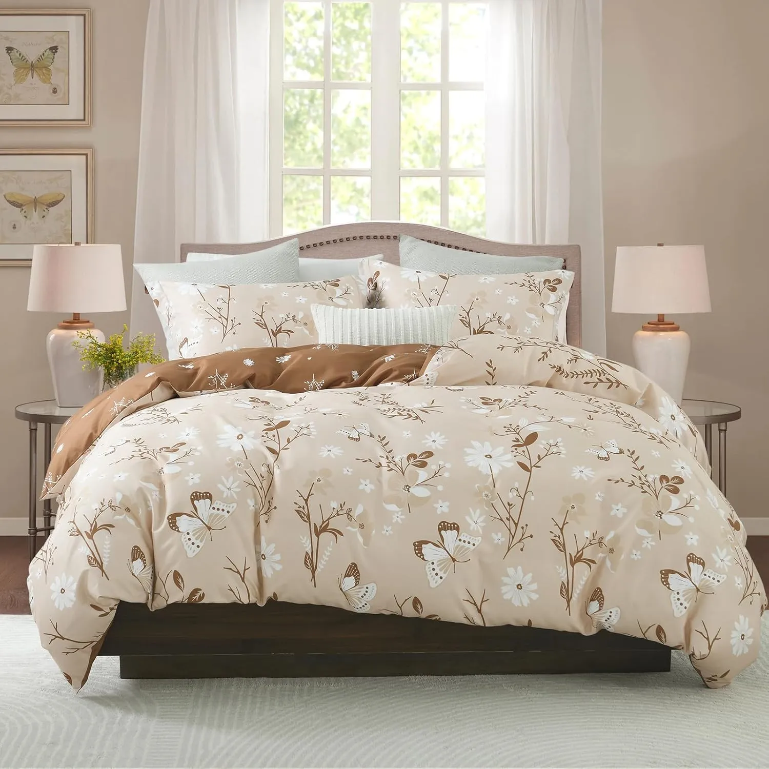 EWlinens Floral Duvet Cover King Size - Botanical Butterfly Printed Reversible Bedding Set 3 Pieces Soft Cotton Nature Vines Branches Comforter Cover with Zipper Ties, Beige and Brown