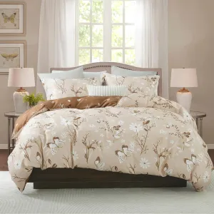 EWlinens Floral Duvet Cover King Size - Botanical Butterfly Printed Reversible Bedding Set 3 Pieces Soft Cotton Nature Vines Branches Comforter Cover with Zipper Ties, Beige and Brown
