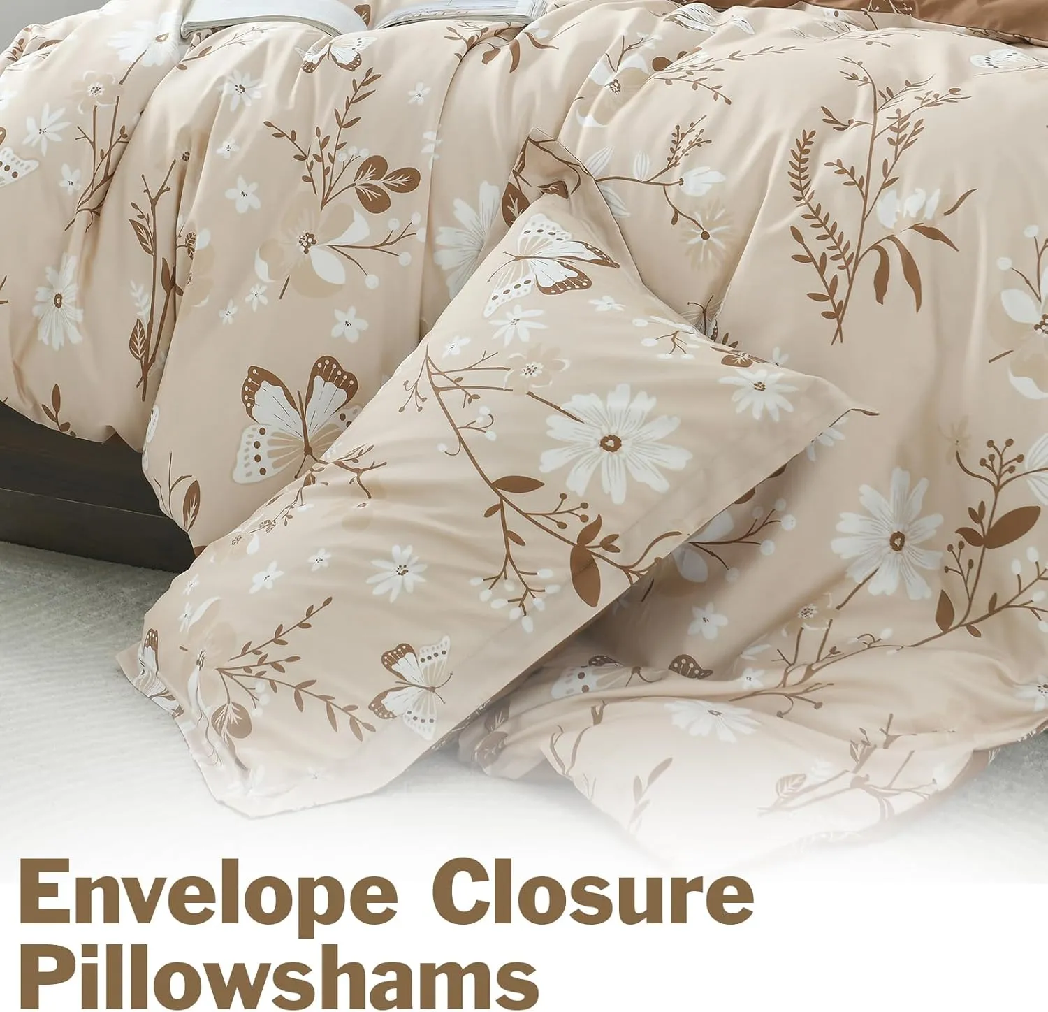 EWlinens Floral Duvet Cover King Size - Botanical Butterfly Printed Reversible Bedding Set 3 Pieces Soft Cotton Nature Vines Branches Comforter Cover with Zipper Ties, Beige and Brown