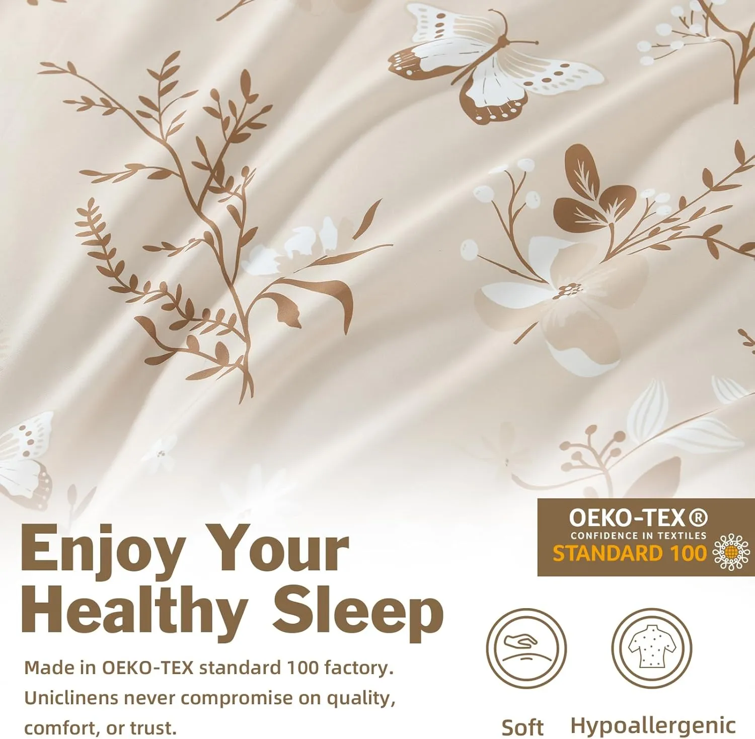 EWlinens Floral Duvet Cover King Size - Botanical Butterfly Printed Reversible Bedding Set 3 Pieces Soft Cotton Nature Vines Branches Comforter Cover with Zipper Ties, Beige and Brown