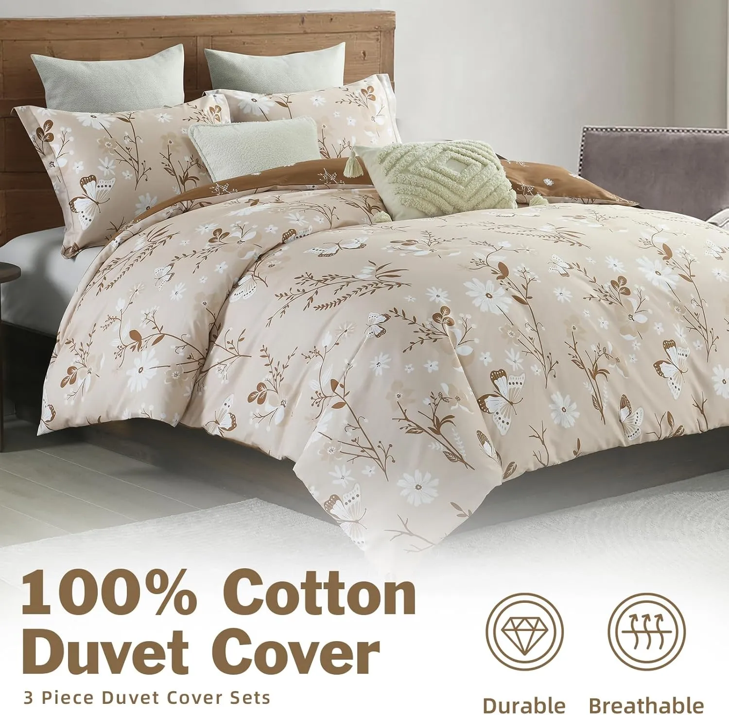 EWlinens Floral Duvet Cover King Size - Botanical Butterfly Printed Reversible Bedding Set 3 Pieces Soft Cotton Nature Vines Branches Comforter Cover with Zipper Ties, Beige and Brown