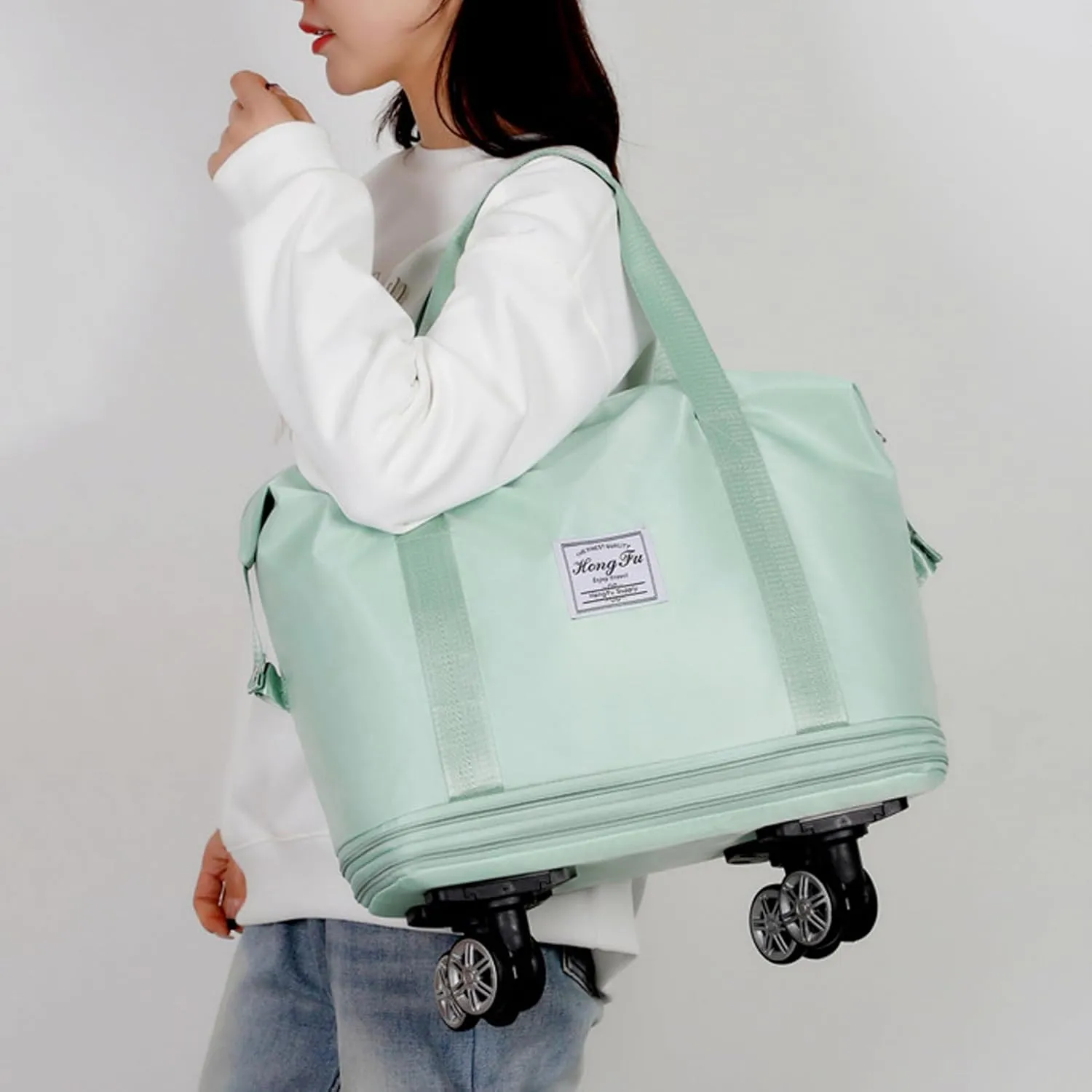 Expandable & Foldable Rolling Duffle Bag with Wheels, Large Capacity Carry-On Luggage with Dry Wet Separation, Waterproof Lightweight Travel Weekend Bag for Women Men (Green)