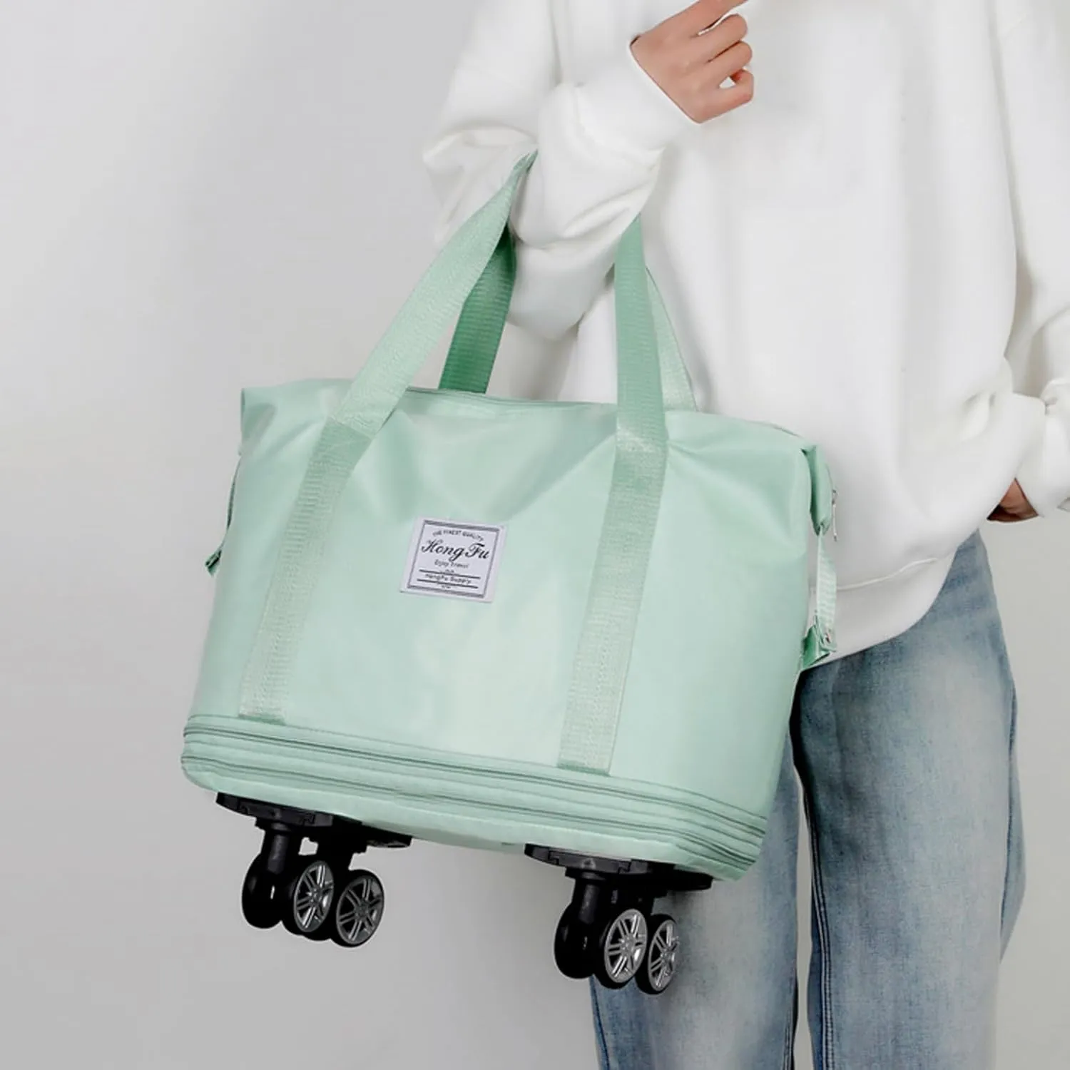 Expandable & Foldable Rolling Duffle Bag with Wheels, Large Capacity Carry-On Luggage with Dry Wet Separation, Waterproof Lightweight Travel Weekend Bag for Women Men (Green)