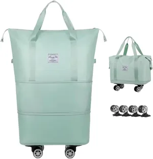Expandable & Foldable Rolling Duffle Bag with Wheels, Large Capacity Carry-On Luggage with Dry Wet Separation, Waterproof Lightweight Travel Weekend Bag for Women Men (Green)