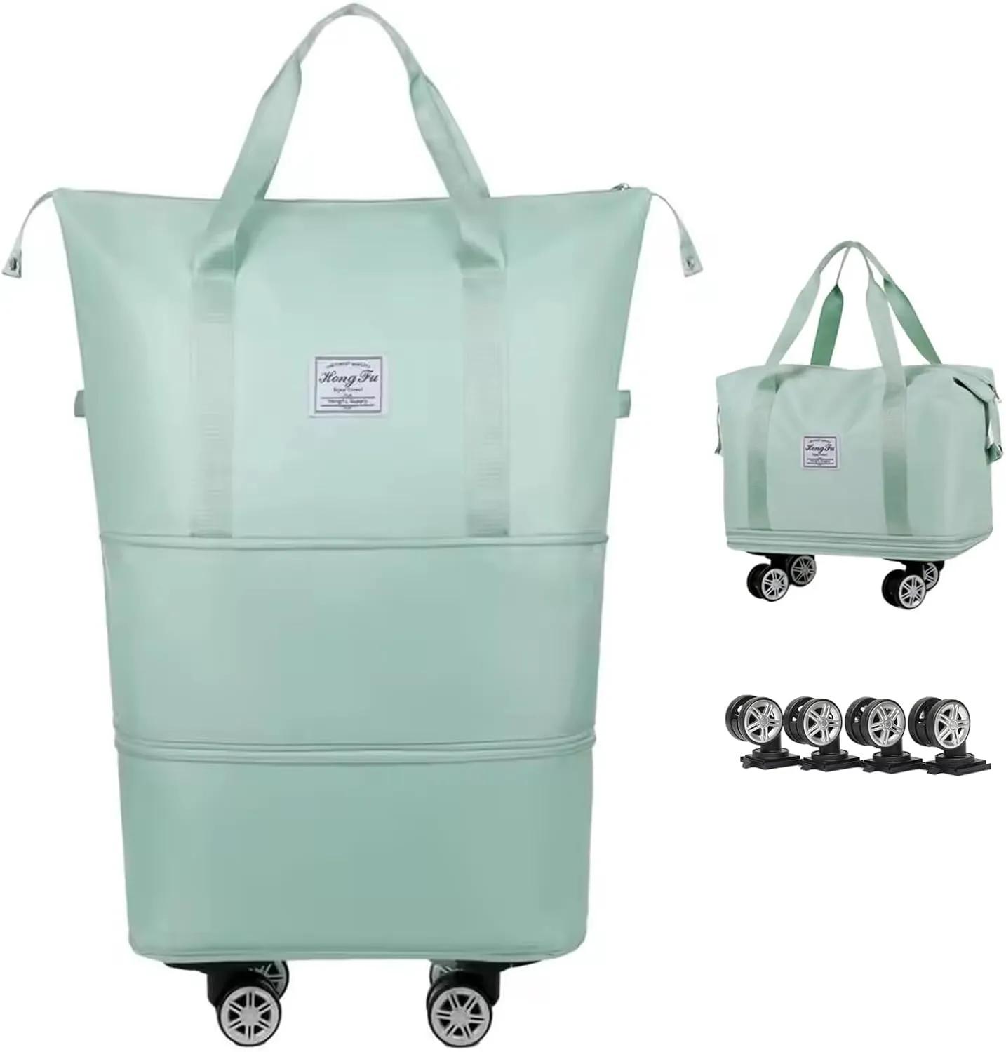 Expandable & Foldable Rolling Duffle Bag with Wheels, Large Capacity Carry-On Luggage with Dry Wet Separation, Waterproof Lightweight Travel Weekend Bag for Women Men (Green)
