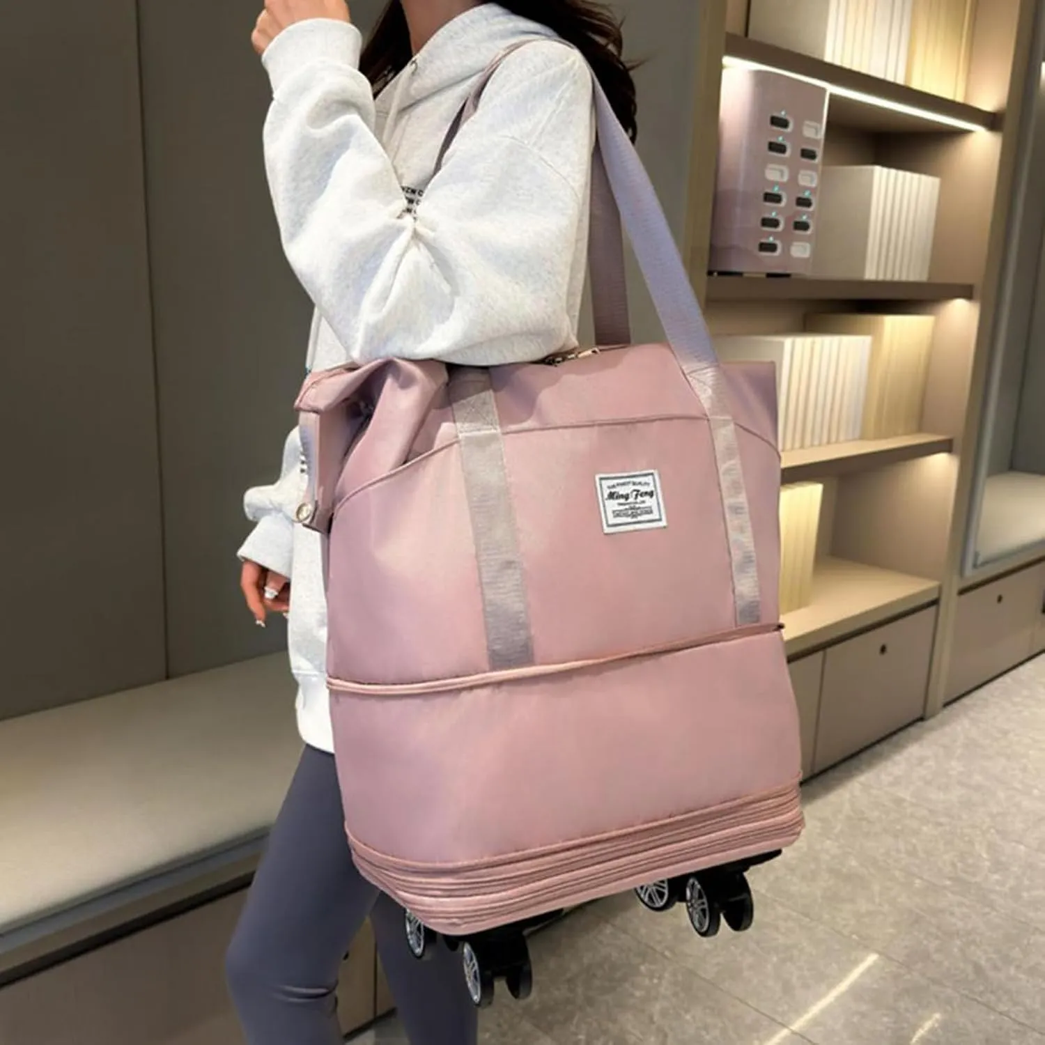 Expandable & Foldable Rolling Duffle Bag with Wheels, Large Capacity Carry-On Luggage with Dry Wet Separation, Waterproof Lightweight Travel Weekend Bag for Women Men (Pink)