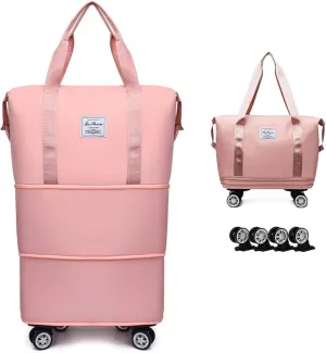 Expandable & Foldable Rolling Duffle Bag with Wheels, Large Capacity Carry-On Luggage with Dry Wet Separation, Waterproof Lightweight Travel Weekend Bag for Women Men (Pink)