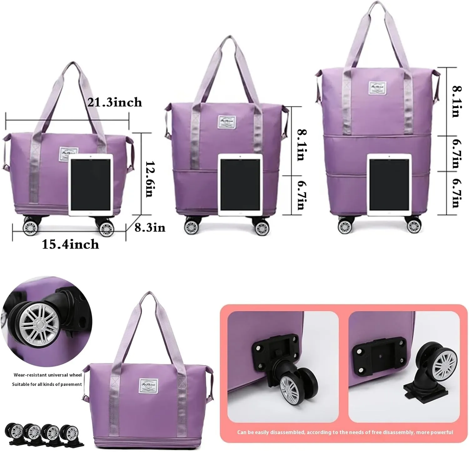 Expandable & Foldable Rolling Duffle Bag with Wheels, Large Capacity Carry-On Luggage with Dry Wet Separation, Waterproof Lightweight Travel Weekend Bag for Women Men (Pink)