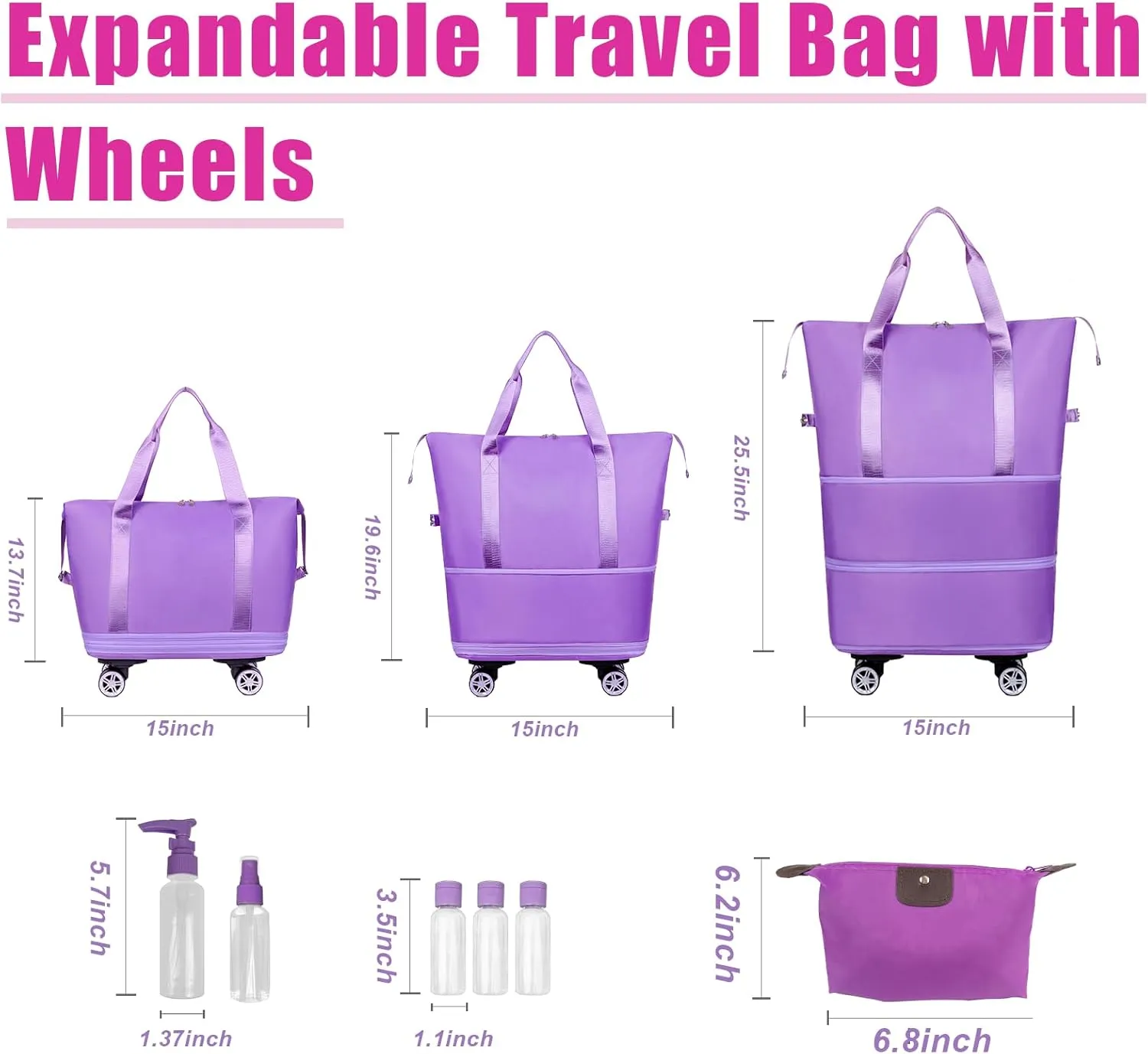 Expandable Foldable Travel Duffle Bag,Luggage Bag with Detachable Wheels, Rolling Bag with Wheels,Carry-on Luggage Bag,Purple