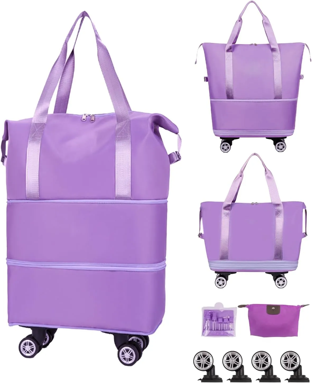Expandable Foldable Travel Duffle Bag,Luggage Bag with Detachable Wheels, Rolling Bag with Wheels,Carry-on Luggage Bag,Purple