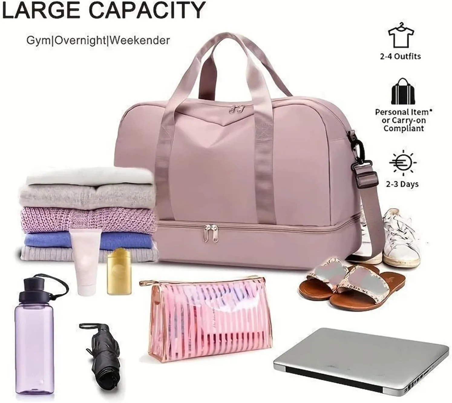 Expandable Travel Luggage Bag Sports Handbag Fitness Large Capacity Women's Shoulder Bag (Color : Blue, Size : 46x32cm)