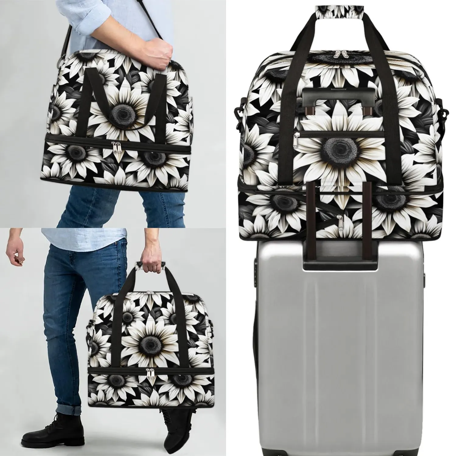 Exquisite Drawing Flora Patterns Travel Duffle Bag, Collapsible Travel Bag Sports Gym Bag With Shoes Compartment Weekender Bag Overnight Bag For Women Men