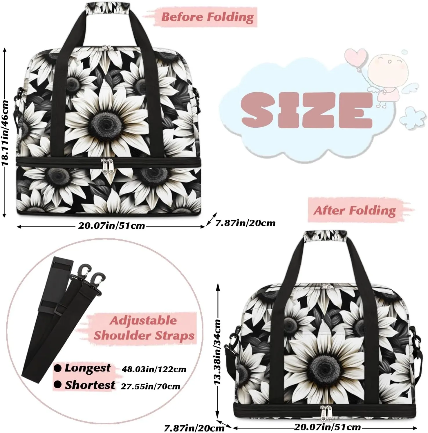 Exquisite Drawing Flora Patterns Travel Duffle Bag, Collapsible Travel Bag Sports Gym Bag With Shoes Compartment Weekender Bag Overnight Bag For Women Men
