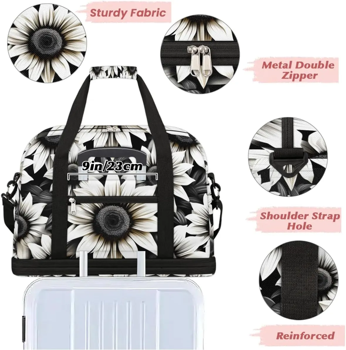 Exquisite Drawing Flora Patterns Travel Duffle Bag, Collapsible Travel Bag Sports Gym Bag With Shoes Compartment Weekender Bag Overnight Bag For Women Men