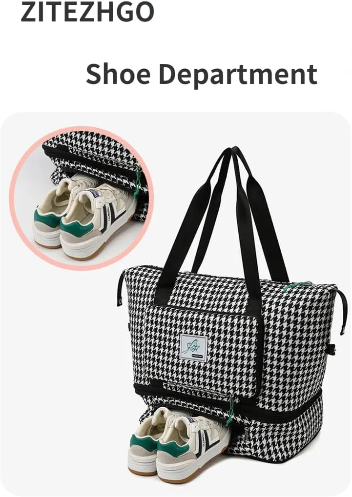 Extendable Travel Duffle Bag Tote Bag Gym Bag for Women Weekender Overnight Houndstooth Duffel Bag (Green)