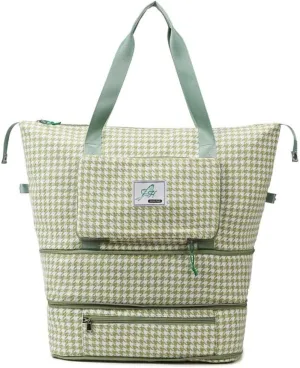Extendable Travel Duffle Bag Tote Bag Gym Bag for Women Weekender Overnight Houndstooth Duffel Bag (Green)