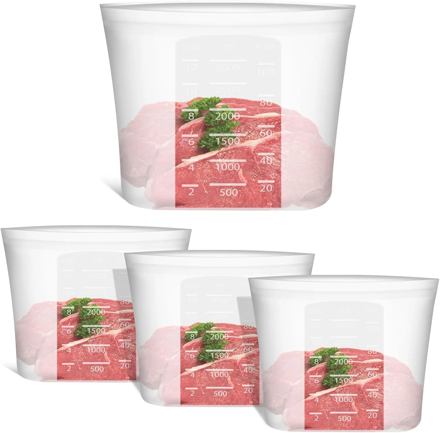 Extra Large Reusable Silicone Food Storage Bags 4 Pack, 0.8 Gallon/3000ml, 100% Silicone Stand-Up Wide-Open Zip-Lock Reusable Bags for Large Items, Microwave Freezer Oven Dishwasher Safe, Translucent