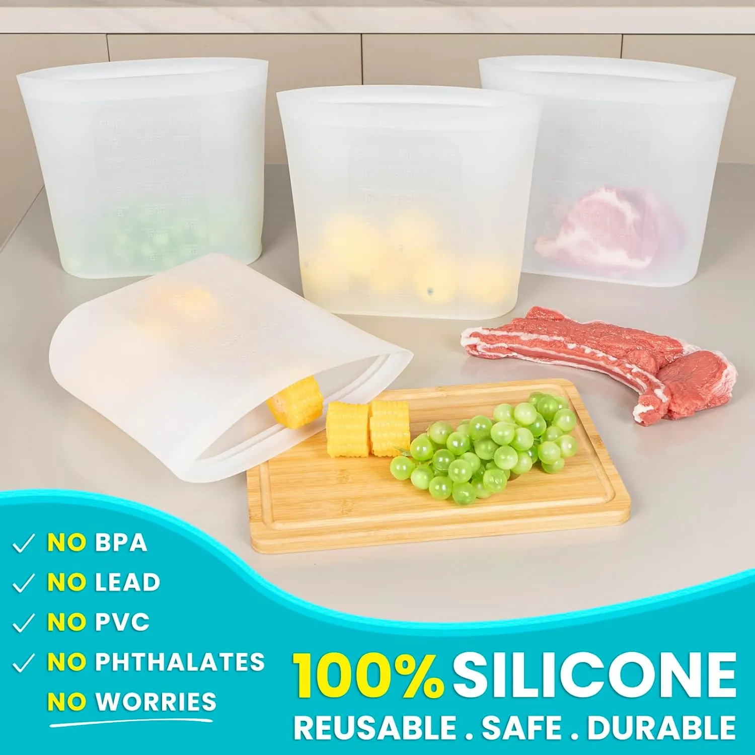 Extra Large Reusable Silicone Food Storage Bags 4 Pack, 0.8 Gallon/3000ml, 100% Silicone Stand-Up Wide-Open Zip-Lock Reusable Bags for Large Items, Microwave Freezer Oven Dishwasher Safe, Translucent