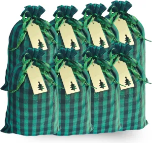 Eylola 8-Piece Christmas Buffalo Plaid Drawstring Bags - 11.8x15.7in Cotton Xmas Present Bags with Santa Sack & Stocking Design - Green & Black