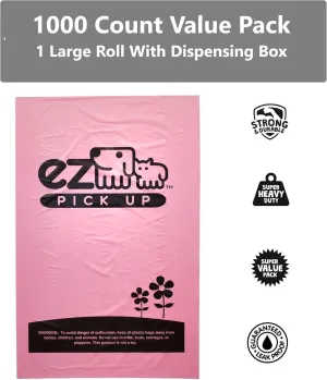 EZ Pick Up 1000 Count Dog Waste Poop Bags, Unscented Single Roll, Heavy Duty, Improved Thickness (Pink - 1000ct)