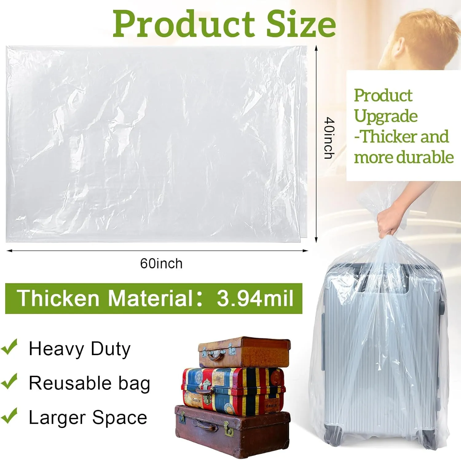 Fainne 10 Pack Extra Large Clear Plastic Storage Bags 40 x 60 Inch 3.94 Mils Giant Jumbo Moving Flat Plastic Storage Bags for Clothes Packing Luggage Suitcase Furniture Comforter Bike Blanket
