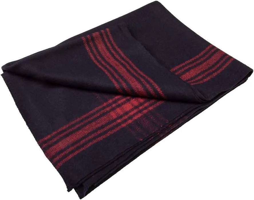 Farm Blue Wool Blanket - Military Style - Thick & Lightweight Army Camping Blankets 80" x 62" - Large Camp Survival Blankets for Car, Hiking, Backpacking & Outdoor Festivals (Navy with Red Stripes)