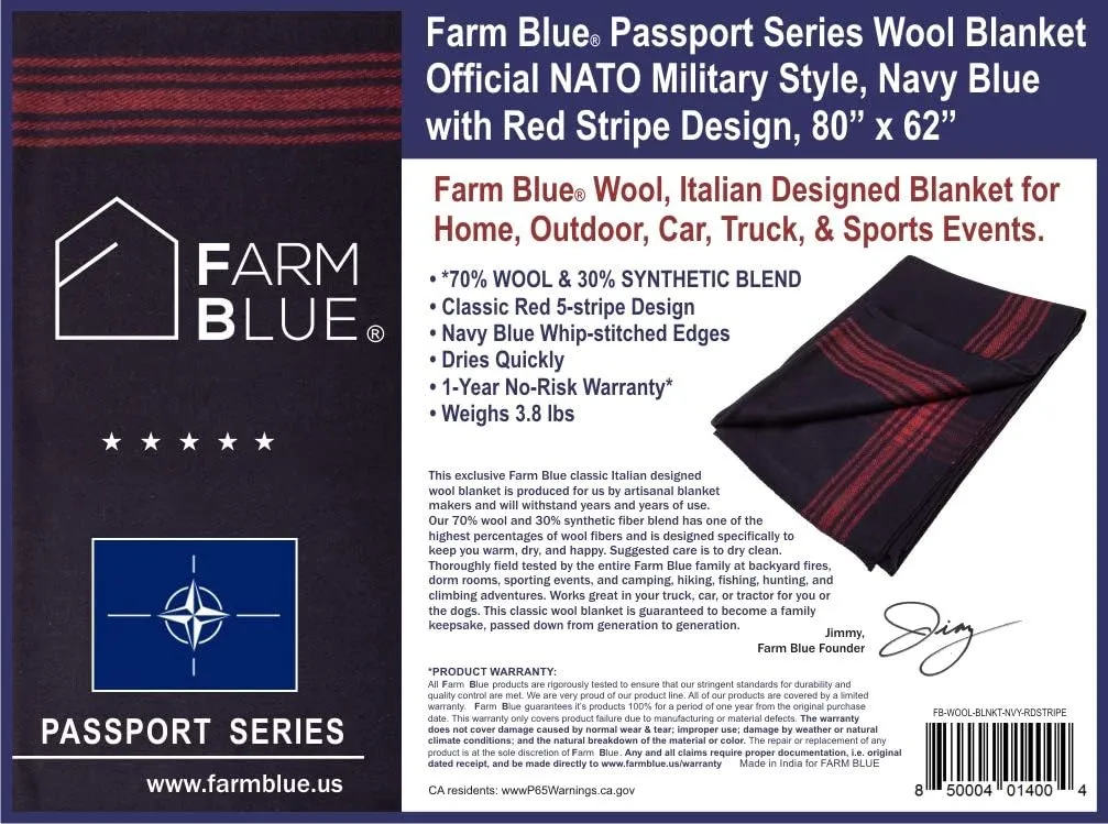 Farm Blue Wool Blanket - Military Style - Thick & Lightweight Army Camping Blankets 80" x 62" - Large Camp Survival Blankets for Car, Hiking, Backpacking & Outdoor Festivals (Navy with Red Stripes)