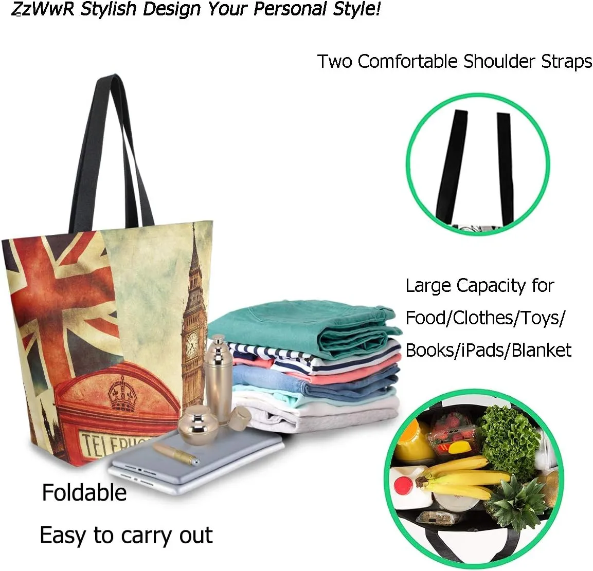 Fashion Beautiful Printed Pattern Extra Large Shoulder Tote Bag for Beach Travel Weekender Gym Grocery Shopping