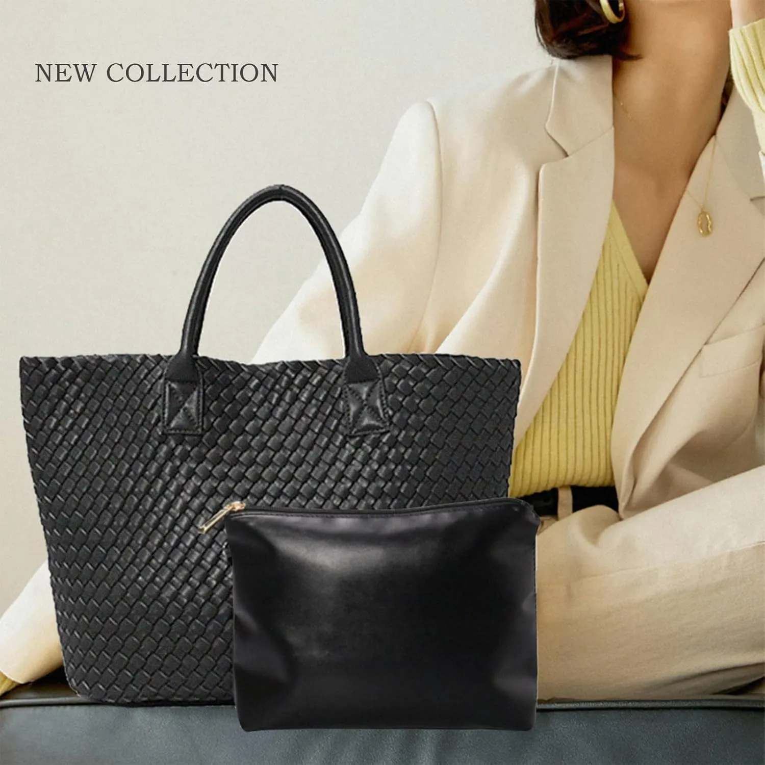 Fashion Woven Vegan Leather Shopper Tote Travel Handbag Women's Large Capacity Shoulder Bag