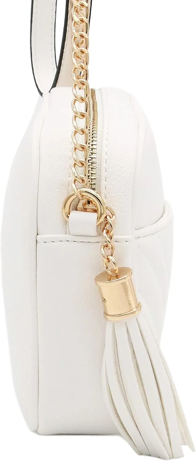 FashionPuzzle Chevron Quilted Crossbody Camera Bag with Chain Strap and Tassel