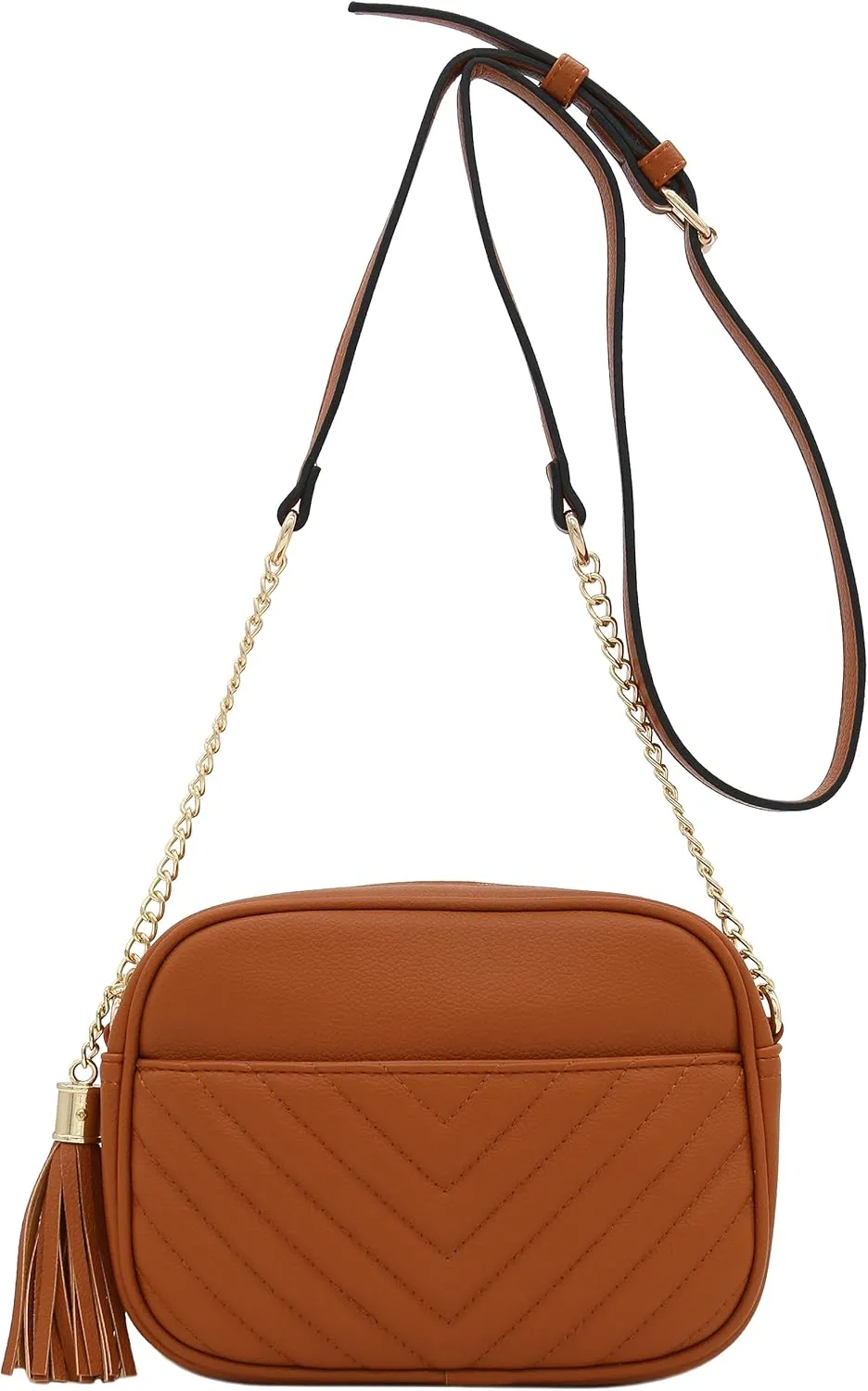 FashionPuzzle Chevron Quilted Crossbody Camera Bag with Chain Strap and Tassel