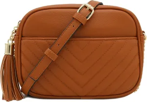 FashionPuzzle Chevron Quilted Crossbody Camera Bag with Chain Strap and Tassel