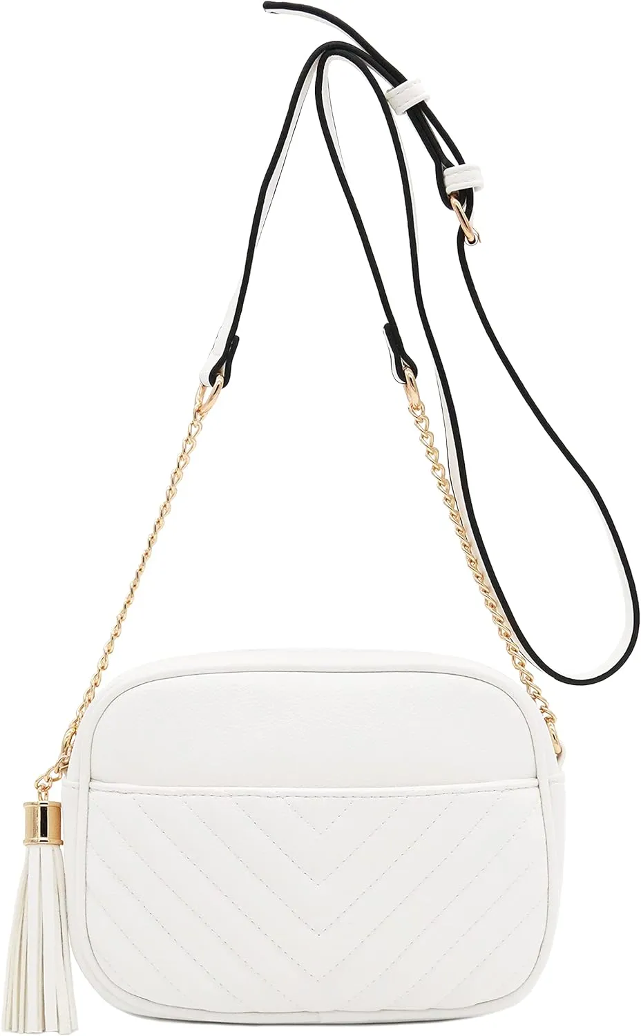 FashionPuzzle Chevron Quilted Crossbody Camera Bag with Chain Strap and Tassel