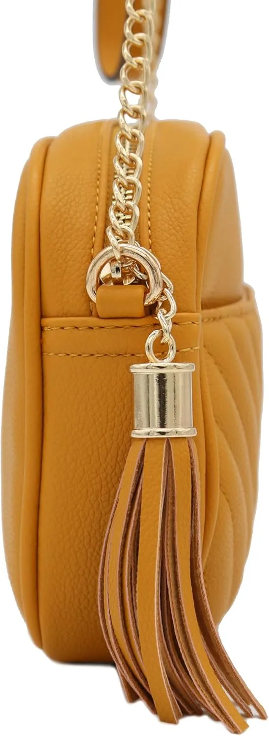 FashionPuzzle Chevron Quilted Crossbody Camera Bag with Chain Strap and Tassel