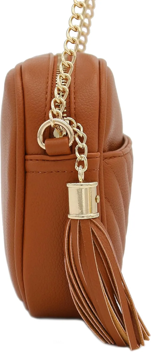 FashionPuzzle Chevron Quilted Crossbody Camera Bag with Chain Strap and Tassel