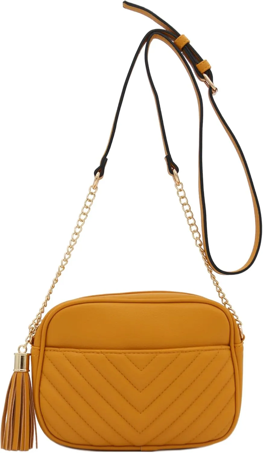FashionPuzzle Chevron Quilted Crossbody Camera Bag with Chain Strap and Tassel