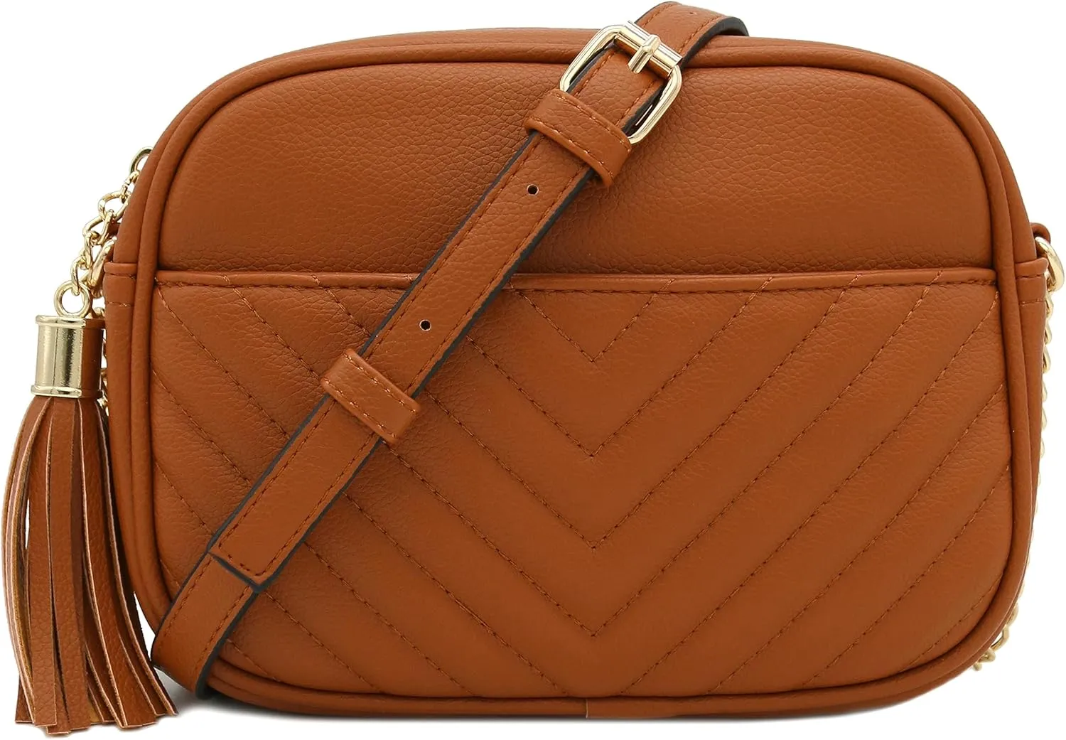 FashionPuzzle Chevron Quilted Crossbody Camera Bag with Chain Strap and Tassel