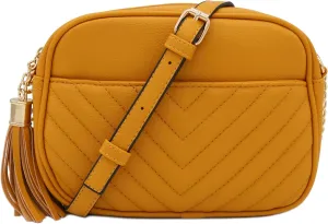 FashionPuzzle Chevron Quilted Crossbody Camera Bag with Chain Strap and Tassel