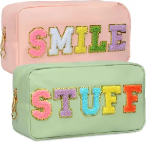 FEBALHS 2 Pieces Travel Makeup Bag for Women and Girls Pink Green Preppy Makeup Organizer Bag Leather Waterproof Cosmetic Bag Cute Zipper Makeup Pouch Handbags Travel Toiletry Bag