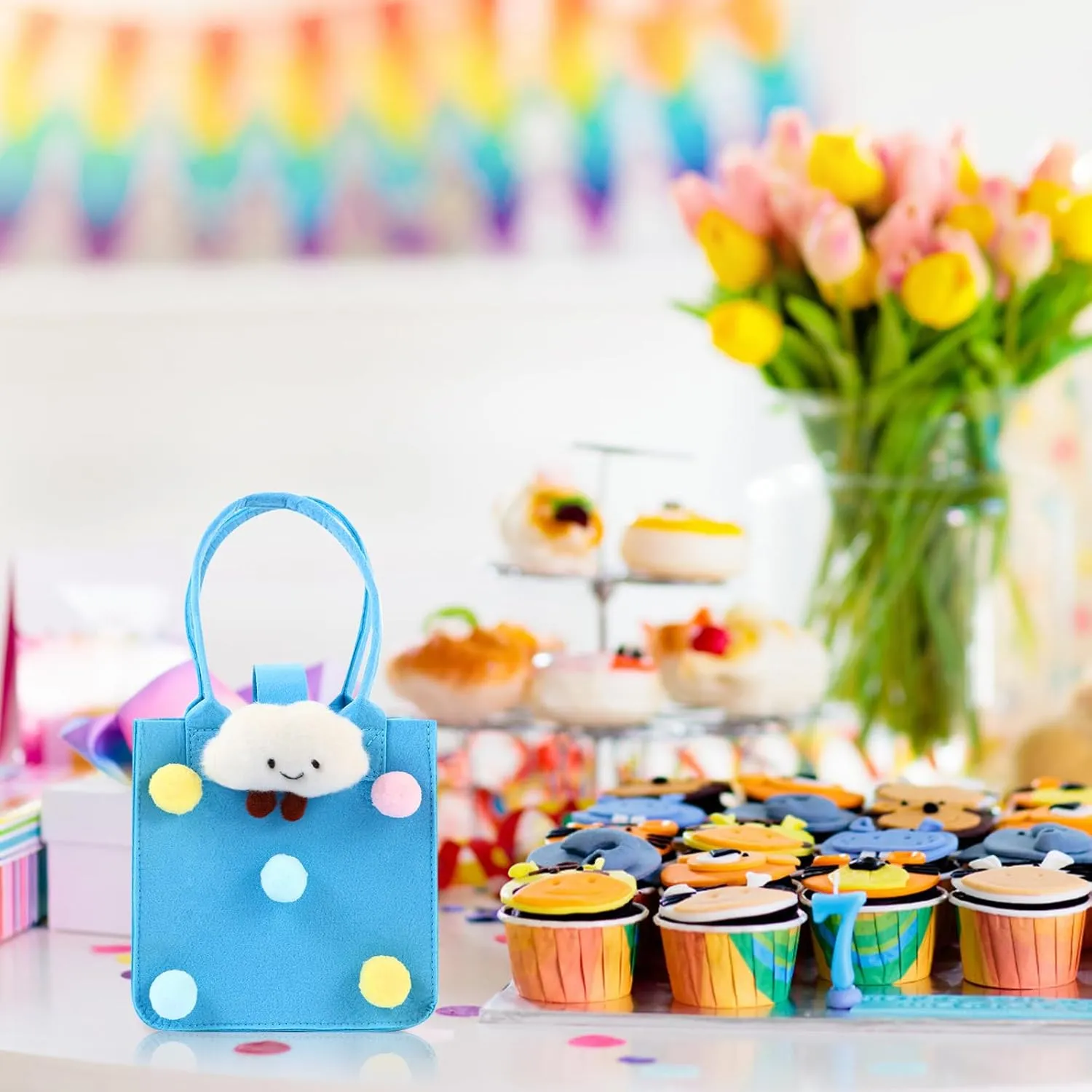 Felt Gift Bags with Top Handles Reusable Goodie Bags, 7"x7" Easter Basket Treat Bags Premium Small Tote Bag Snap Button Closure, Party Favors, Kids Birthday