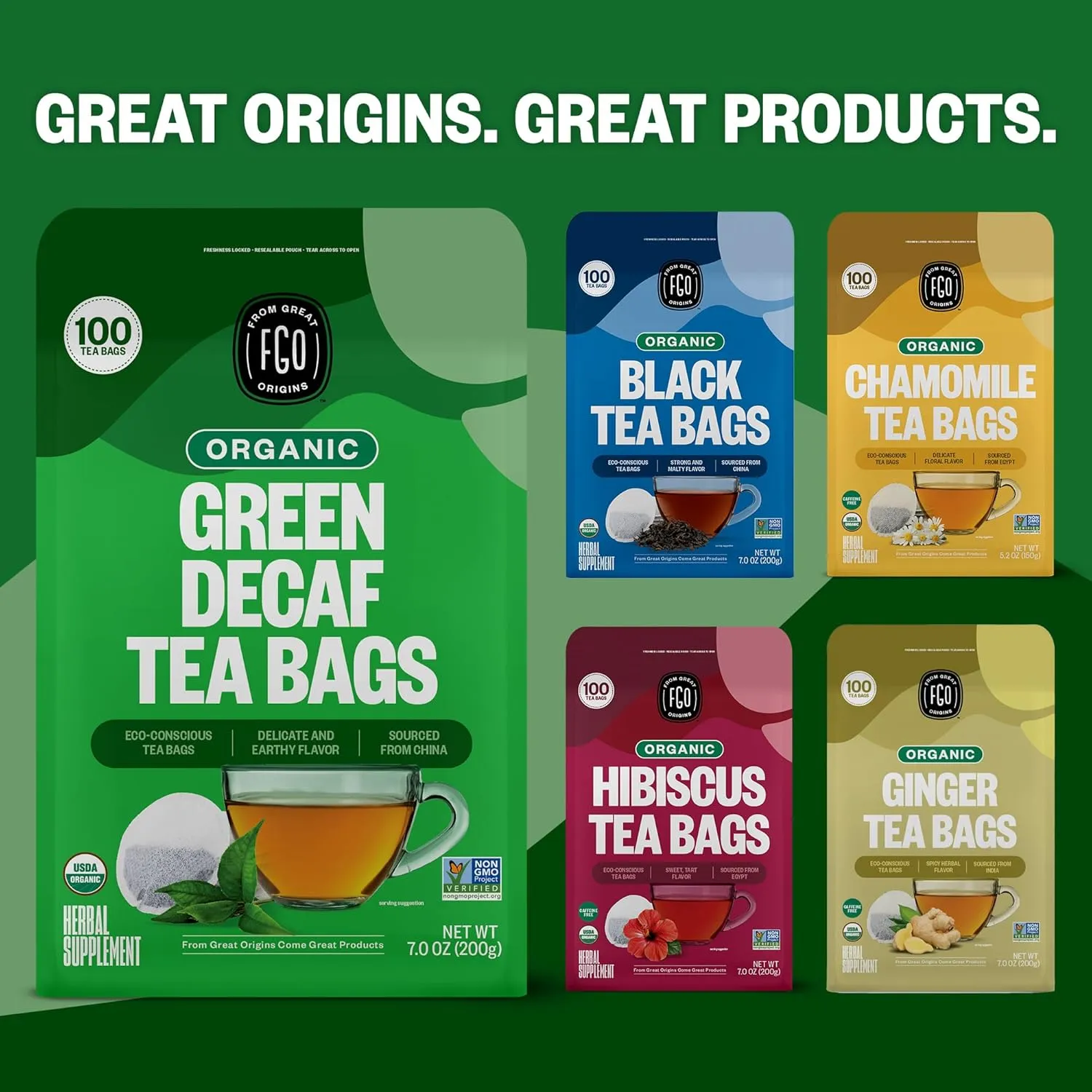 FGO Organic Green Decaf Tea, 100 Count, Eco-Conscious Tea Bags, Resealable Bag, Caffeine Free, Packaging May Vary (Pack of 1)