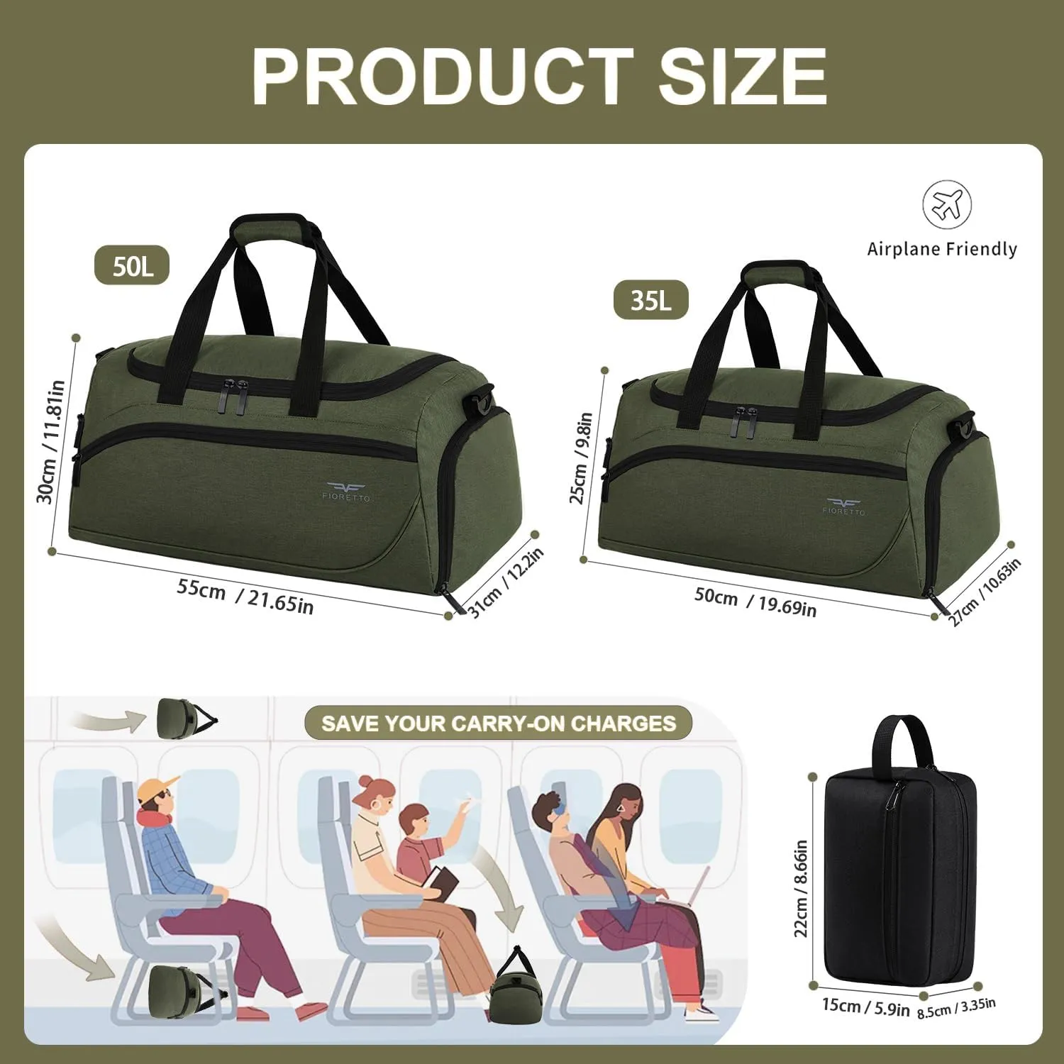 FIORETTO 35L Mens Sports Gym Bag with Wet Pocket & Shoe Compartment,Travel Duffle Bag Overnight Bag with Padded Shoulder Strap, Sports Holdall for Swimming, Basketball Green