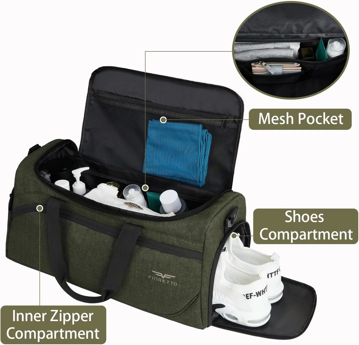 FIORETTO 35L Mens Sports Gym Bag with Wet Pocket & Shoe Compartment,Travel Duffle Bag Overnight Bag with Padded Shoulder Strap, Sports Holdall for Swimming, Basketball Green