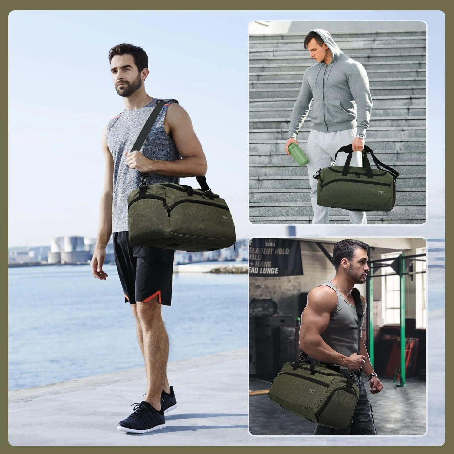 FIORETTO 35L Mens Sports Gym Bag with Wet Pocket & Shoe Compartment,Travel Duffle Bag Overnight Bag with Padded Shoulder Strap, Sports Holdall for Swimming, Basketball Green
